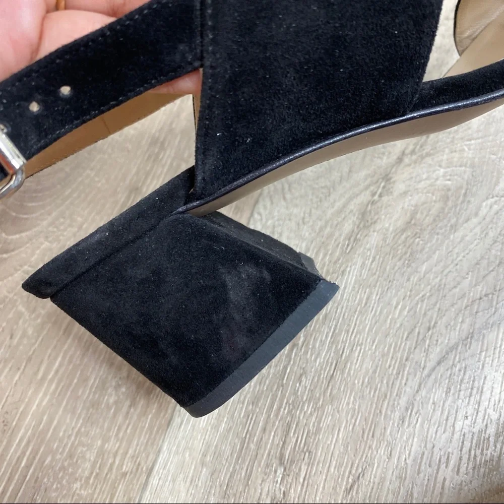 Lafayette 148 New York Black Suede Strappy Block Heel Sandals